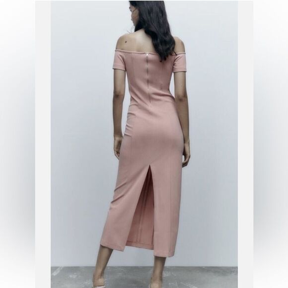 Zara Squared Neck Off the Shoulder Midi Dress in Dusty/Pale Pink Size medium - Picture 2 of 13